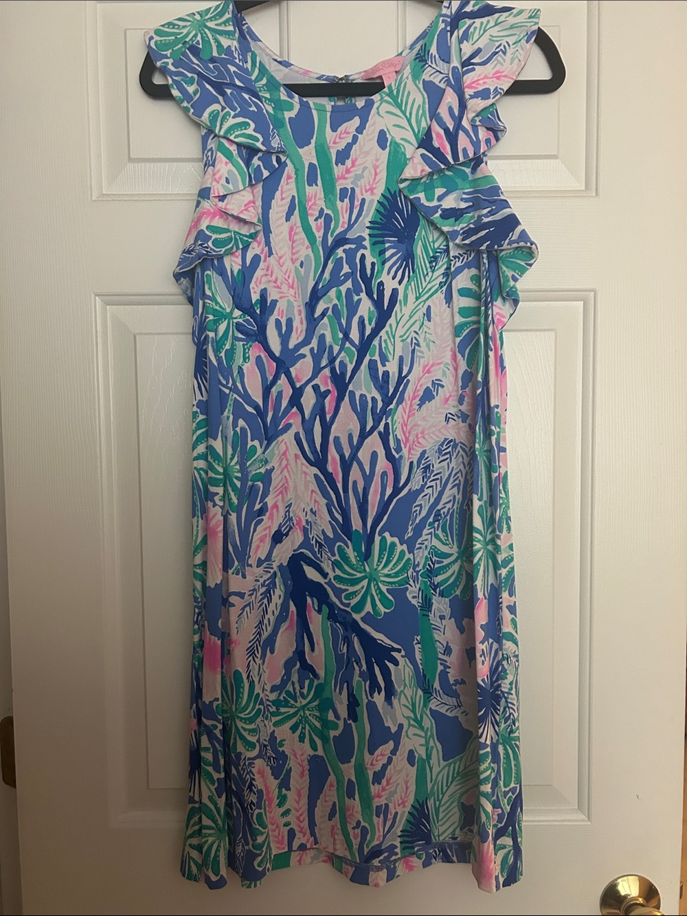 Lilly Pulitzer Blue, Green & Pink Coral Print Ruffle Dress